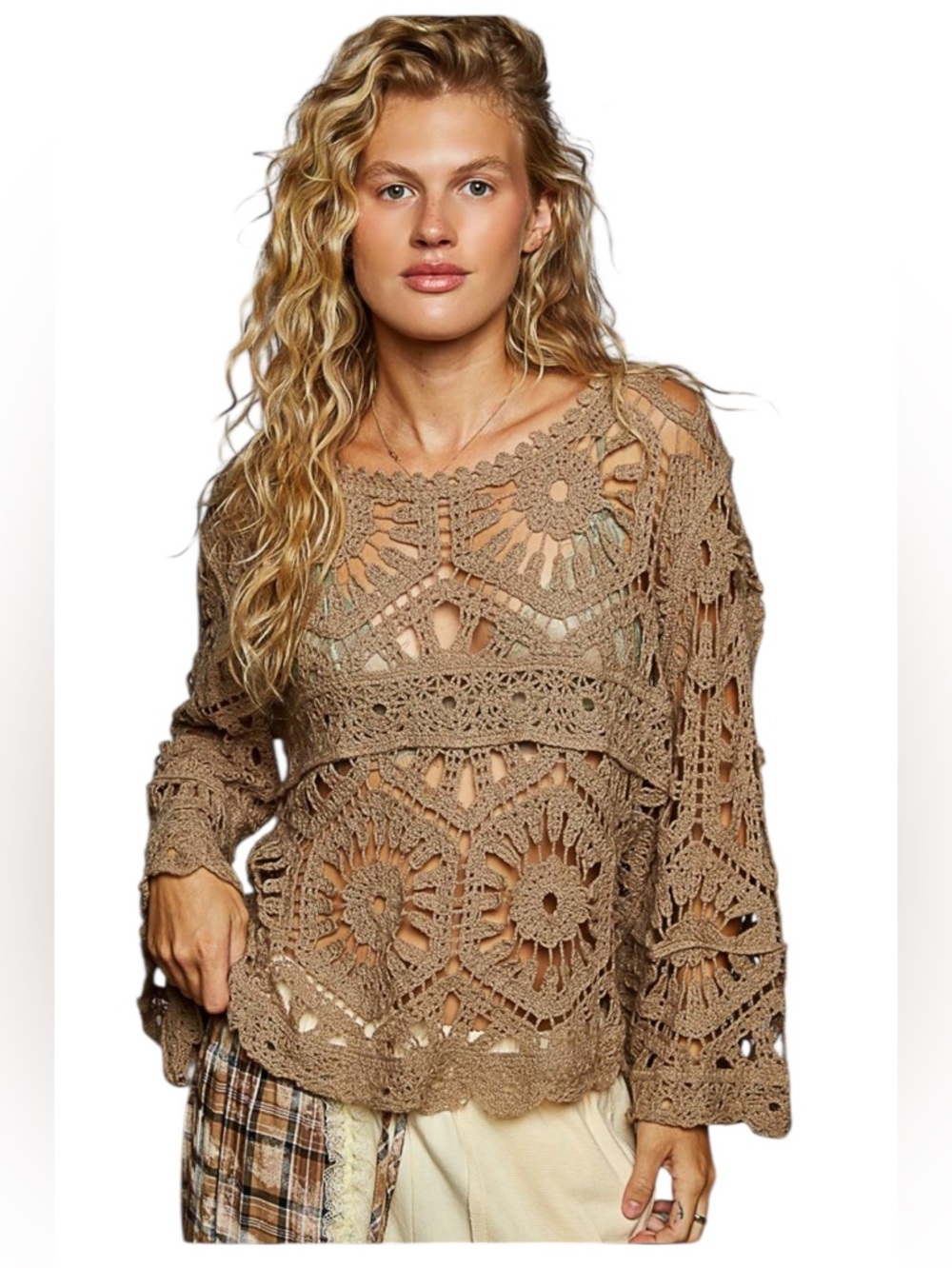POL Tan  Crochet Knit Round Neck 3/4 Bell Sleeve Top